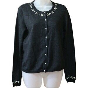Ice Cozy Black & Pearl Button Down Cardigan Sweater Angora Blend Medium